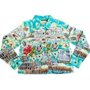 Women French Postcards Sz M Art-to-Wear Italy Tuscany Terry Travel Bottom Shirt